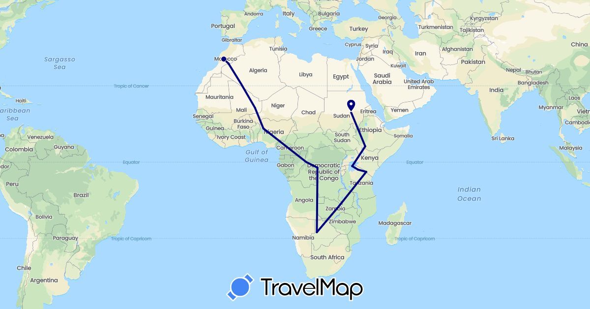 TravelMap itinerary: driving in Botswana, Democratic Republic of the Congo, Ethiopia, Morocco, Mali, Nigeria, Sudan, Tanzania (Africa)